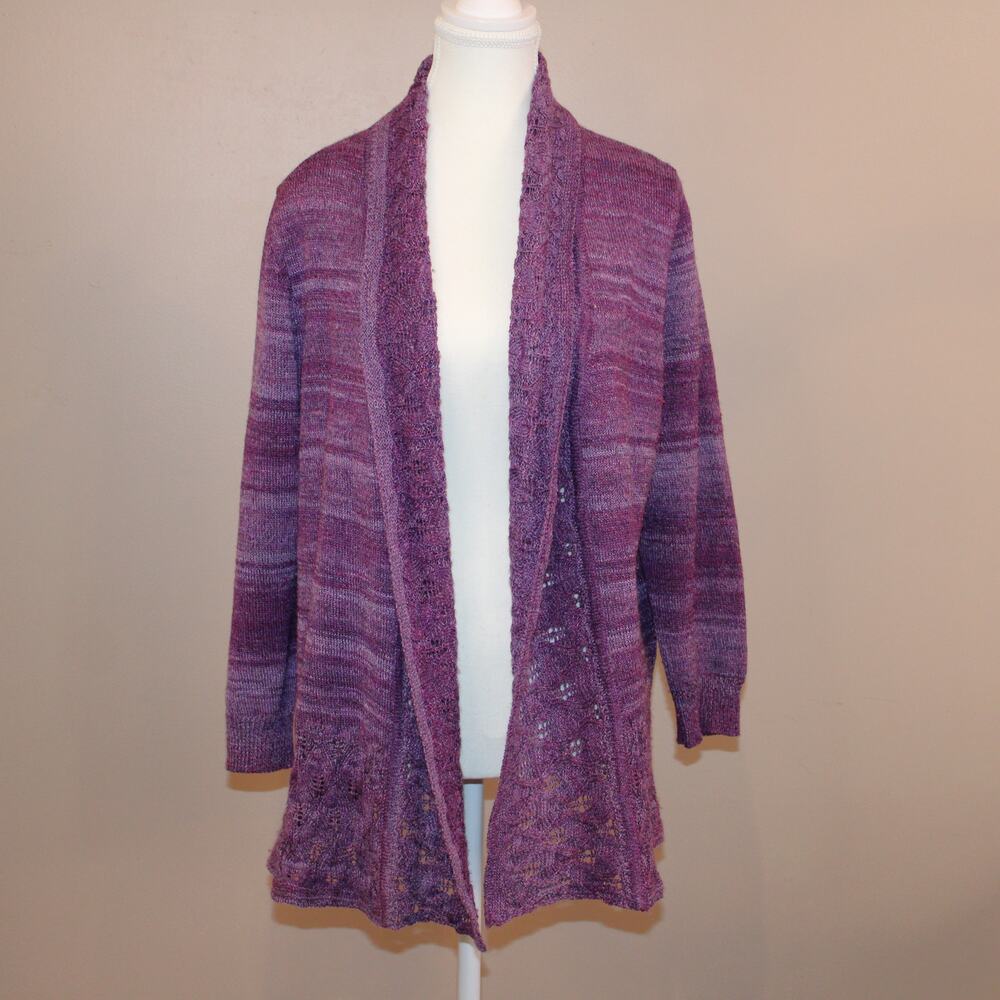 Alfred Dunner Eggplant Crochet Detail Shawl Collar Cardigan sz M